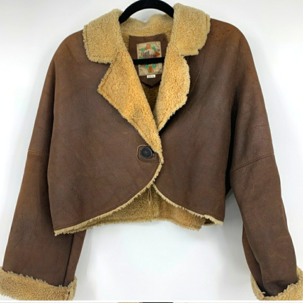 Escape by Shascha womens coat jacket leather shearling cropped aviator brown